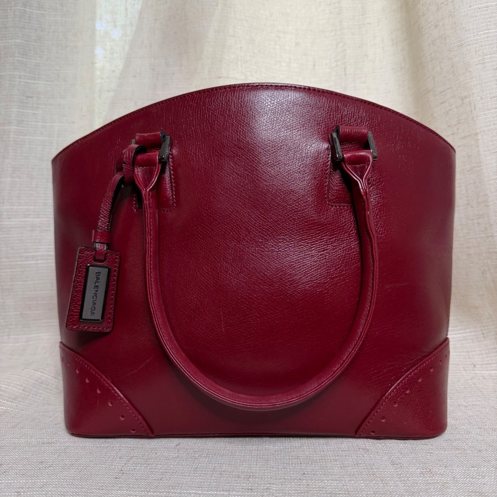 90s Y2K Vintage Balenciaga Paris Leather Domed Tote Bag Burgundy Red Pebbled